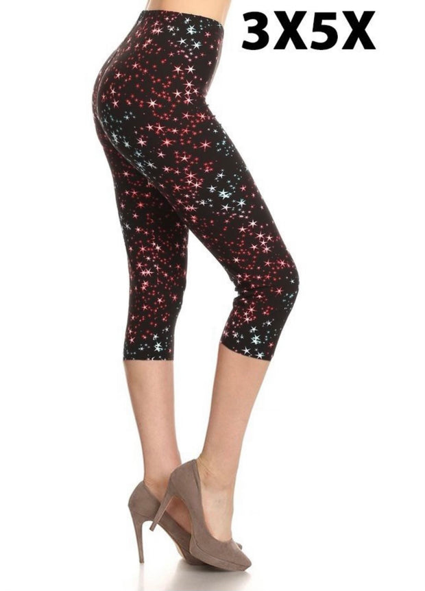 LEG-36 {Spectacular Sparkles} Red/Blue Star Capri Leggings  EXTENDED PLUS SIZE 3X/5X