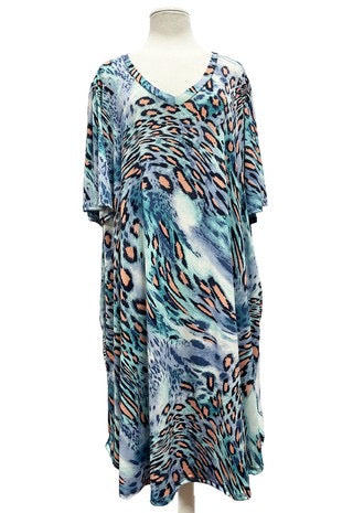 SALE!! 35 PSS-C {Ocean Meets The Wild} Blue/Coral Animal Print Dress EXTENDED PLUS SIZE 3X 4X 5X