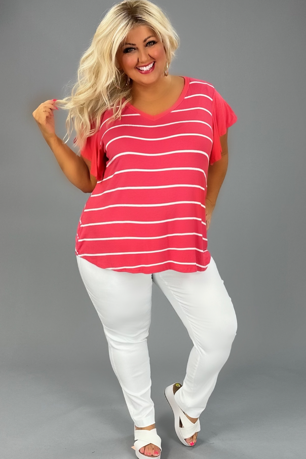 SALE!! 26 CP-B {On The Right Path} Coral Stripe Print Solid Sleeve Top PLUS SIZE 1X 2X 3X