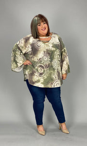 SALE!! 93 PLS-A {Curvy Distraction} Olive Print Top W/Neck Detail EXTENDED PLUS SIZE 3X 4X 5X 6X