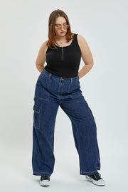 SALE!! LEG-98 {Ms Cello} Dark Denim Baggy Cargo Jeans EXTENDED PLUS SIZE 14 16 18 20 22