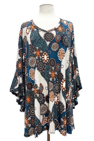 SALE!! 12 PQ {Let's Roll} Teal/Orange Mandala Print V-Neck Top EXTENDED PLUS SIZE 4X 5X 6X