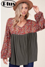 84 CP-A {Paisley Dreams} Olive/Rust Paisley Top PLUS SIZE 1X 2X 3X