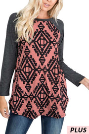 26 CP {Only One Way} Charcoal/Dk. Mauve Tribal Print Top PLUS SIZE 1X 2X 3X