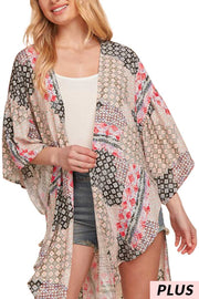 SALE!! 19 OT-R {Delicately Delivered} Charcoal Coral Print Kimono PLUS SIZE XL 2X 3X