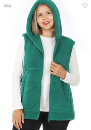 SALE!! 63 OT-P {Looking For Fun} Hunter Green Sherpa Hooded Vest  PLUS SIZE 1X 2X 3X