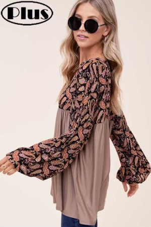 27 CP-J {Sweet Soul} Brown Paisley Babydoll Top PLUS SIZE 1X 2X 3X