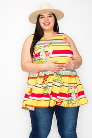 31 SV-L {Let Your Light Shine} Yellow Stripe Floral Tiered Top PLUS SIZE XL 2X 3X