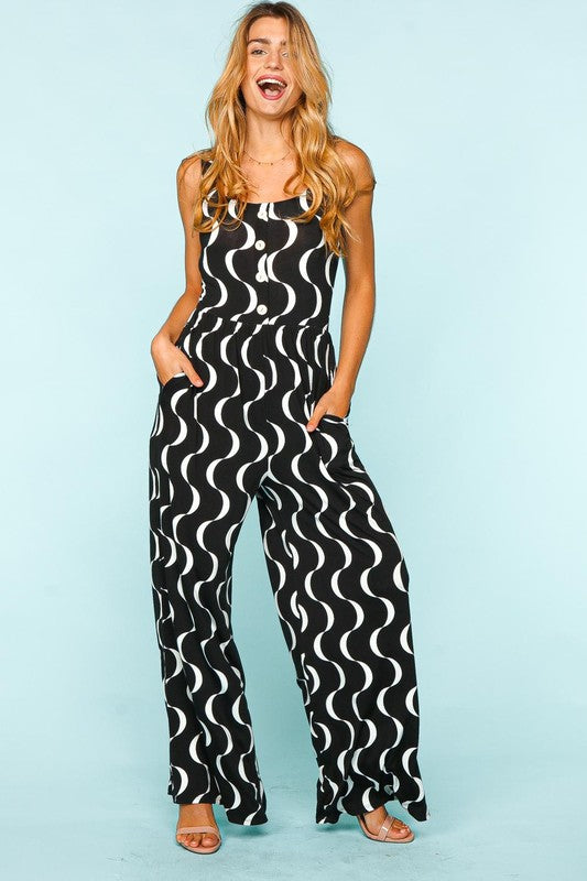 SALE!! LD-U {Dream Of Style} Black/Ivory Print Sleeveless Jumpsuit PLUS SIZE 1X 2X 3X