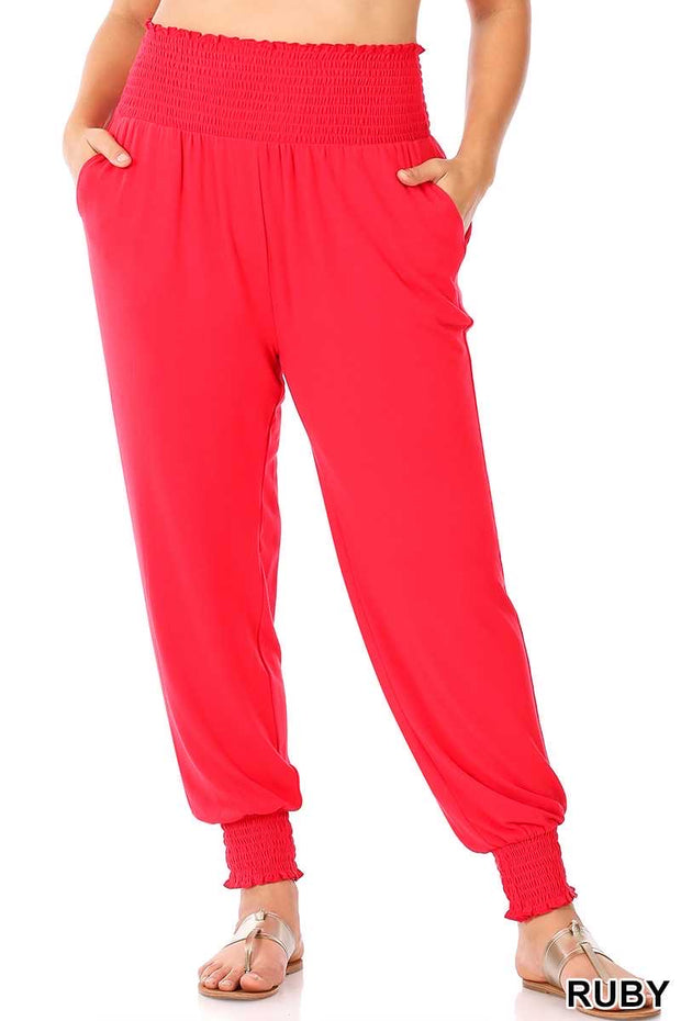 SALE!! LEG-40 {Jog Around Town} Red Smocked Waist Jogger Pants PLUS SIZE XL 2X 3X