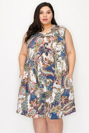 32 SV-P {Unique As You} Beige/Navy Paisley Print Dress  EXTENDED PLUS SIZE 3X 4X 5X