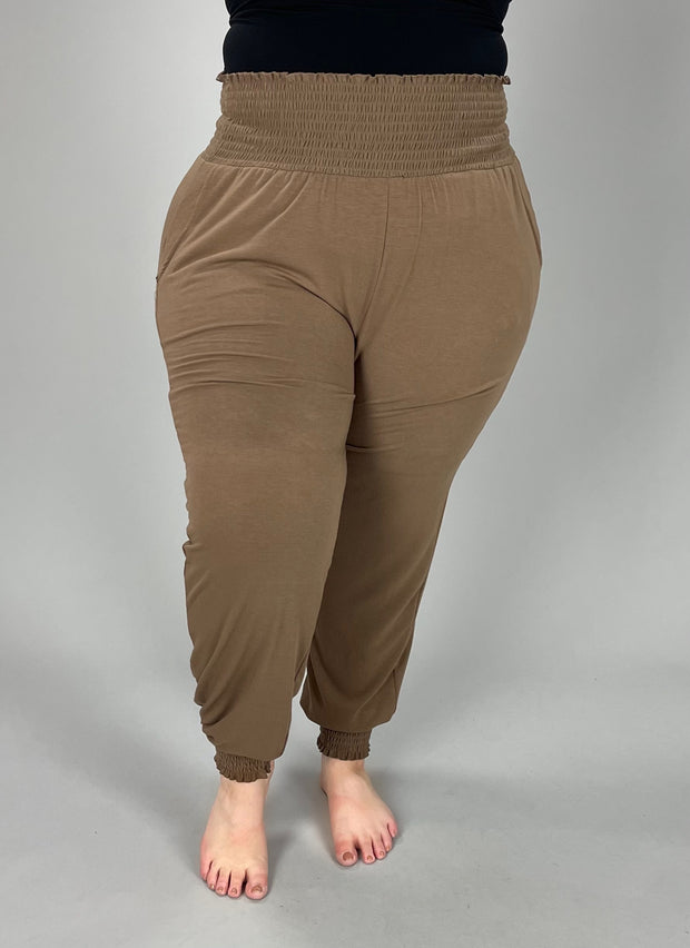 SALE!! LEG-41 {Going Anywhere} Mocha Smocked Cuff Jogging Pants PLUS SIZE 1X 2X 3X