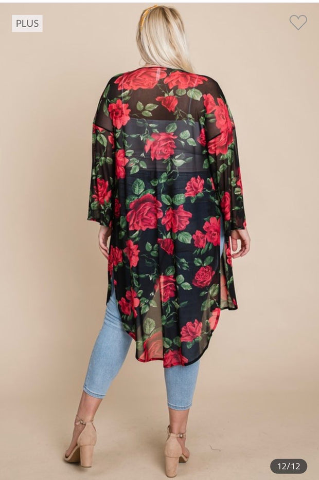 SALE!! LD-T {The Rose Wins} Black/Red Rose Print Kimono PLUS SIZE 1X 2X 3X