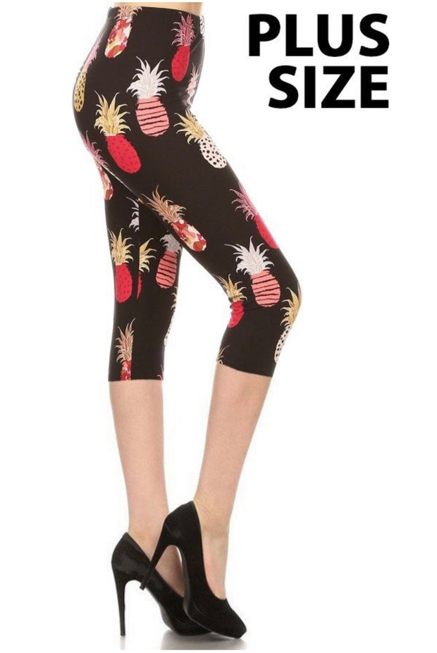 LEG-45 {Paradise Valley) Black Pianeapple Butter Soft Capri Leggings Plus Size