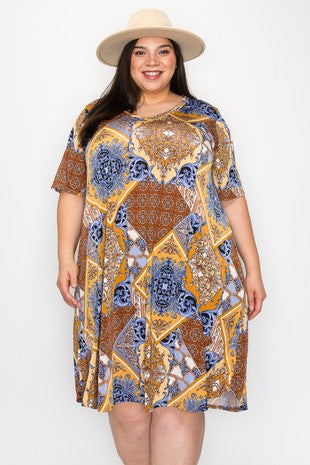 SALE!! 71 PSS {Spectacular View} Brown/Blue Print V-Neck Dress EXTENDED PLUS SIZE 3X 4X 5X