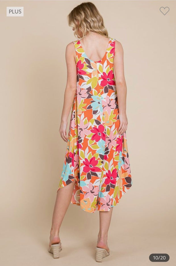 SALE!! LD-L {Bring The Drama} Orange Floral Sleeve- less Midi Dress PLUS SIZE 1X 2X 3X