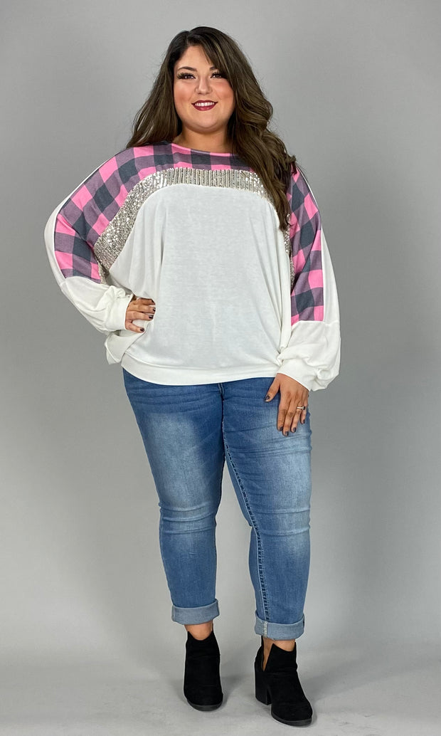 60 CP-A {That Dazzling Glow} Ivory/Pink Plaid Top PLUS SIZE 1X 2X 3X