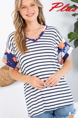 SALE!! 26 CP-O {Everyday Comfy} Navy Stripe Floral Top PLUS SIZE 1X 2X 3X