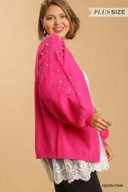 SALE!! 18 OT-B {Jazzy Pink} Umgee Neon Pink/Pearl Sweater Cardigan PLUS SIZE XL 1X 2X