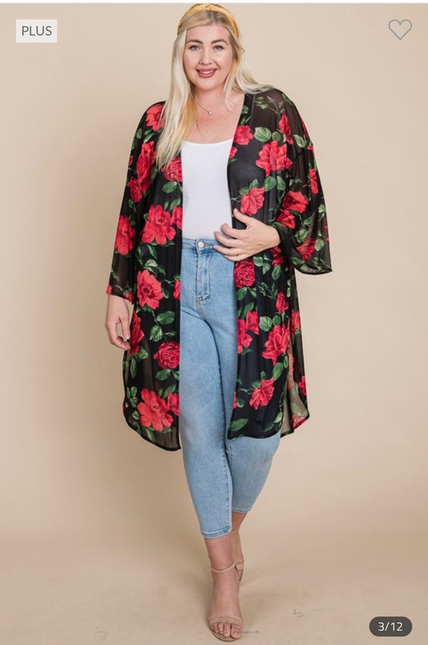 SALE!! LD-T {The Rose Wins} Black/Red Rose Print Kimono PLUS SIZE 1X 2X 3X