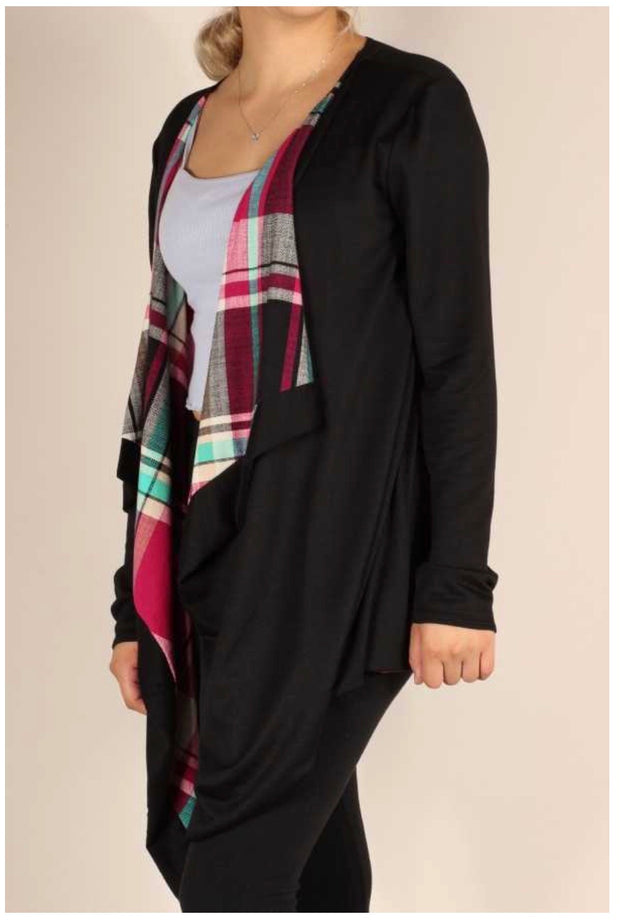 SALE!! OT-Y {Plaid Wonders} Black Cardigan Magenta & Teal Plaid Detail PLUS SIZE 1X 2X 3X