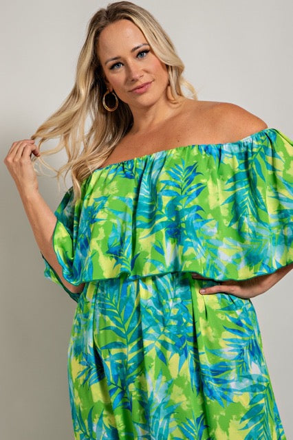 SALE!! LD-B {Waiting On Love} Green/Blue Leaf Print Maxi Dress PLUS SIZE 1X 2X 3X