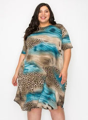 SALE!! 56 PSS-A {Striking Sight} Teal with Mocha Animal Print Dress PLUS SIZE 1X 2X 3X