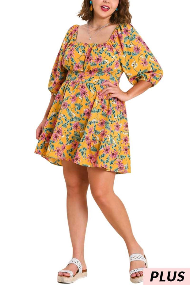 45 PSS-A {Lovely Blossoms} UMGEE Mustard  Floral Dress PLUS SIZE XL 1X 2X