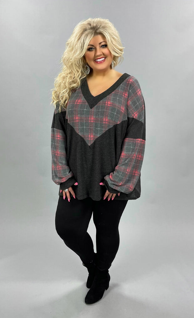 SALE! 45 CP-E {Wish I Could} Charcoal Plaid Fleece Bubble Sleeve Tunic Plus Size 1X 2X 3X