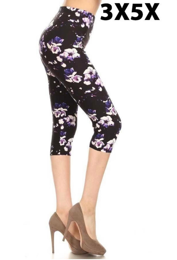 LEG- 47 {Visions Of Violet} Violet/White Floral  Capri Leggings EXTENDED PLUS SIZE 3X/5X