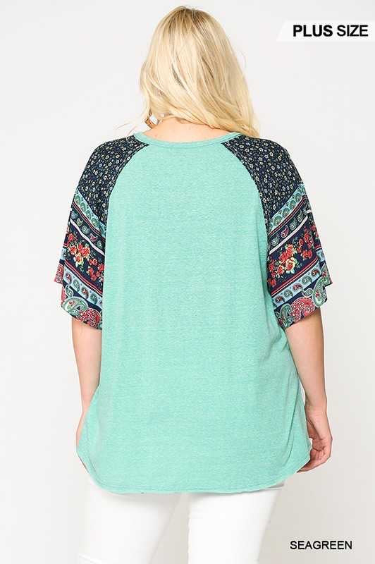 SALE!! 54 CP-A {Aqua Garden} Aqua Tunic w Floral Sleeves Plus Size XL 2X 3X