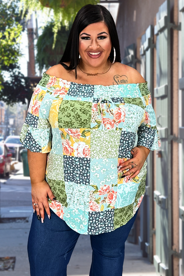 52 PSS-A {Anticipating Love} Multi-Color Print  Smocked Neck Top PLUS SIZE XL 2X 3X