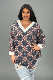 16 CP {X Marks The Top} Burgundy/Blue Check Print Top PLUS SIZE XL 2X 3X