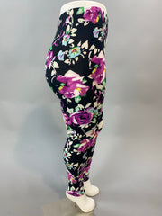 BT-99 {Rose Garden} Black/Magenta Floral Print Leggings PLUS SIZE 1X/2X