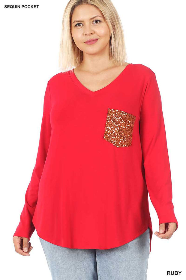 56 SD-A {Stunning Vision} Ruby V-Neck Sequin Pocket Top PLUS SIZE 1X 2X 3X