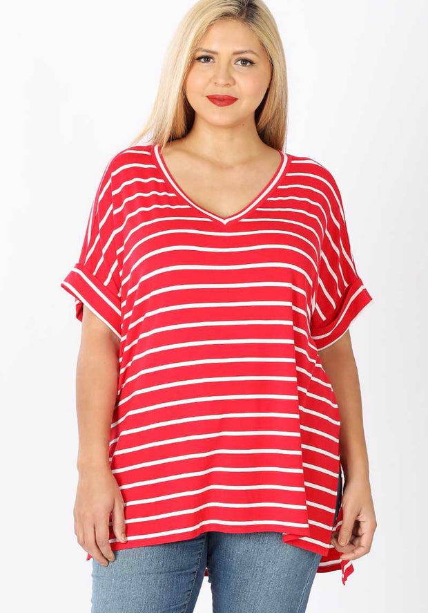 71 PSS-P {Earn Your Stripes} Red Striped V-Neck Tunic Plus Size 1X 2X 3X