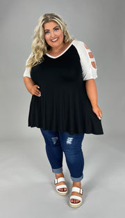 61 OS-A {Ladder Fun} Black/Ivory Ladder Sleeve Top PLUS SIZE XL 2X 3X