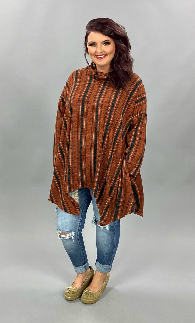 SALE!! PQ-M {Time Together} Rust Black Stripe Cowl Neck Tunic PLUS SIZE XL 2X 3X