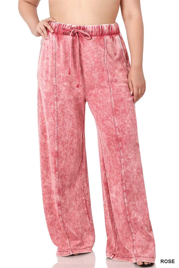 SALE!! LEG-73 {Dressing For Me} Rose Acid Wash Wide Leg Joggers PLUS SIZE 1X 2X 3X