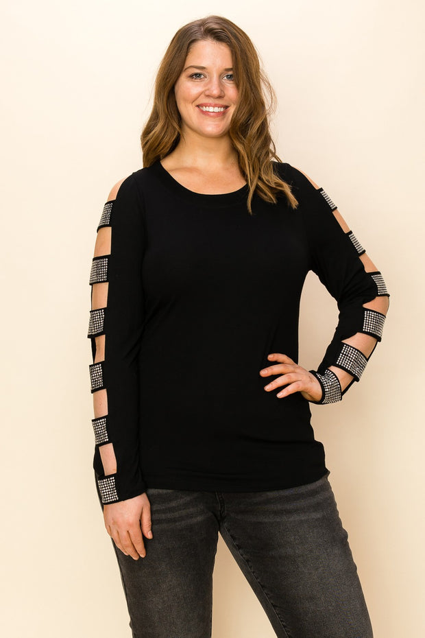 23 SD {For The Fun}VOCAL Black Top w/Studded Ladder Sleeves PLUS SIZE XL 2X 3X