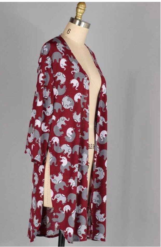 72 OT-C {Trunks Away} Burgandy Elephant Print Cardigan Plus Size 1X 2X 3X