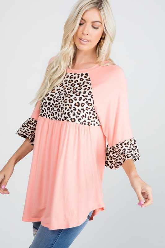 89 CP-B {About The Attention} Peach Leopard Print Top PLUS SIZE XL 2X 3X