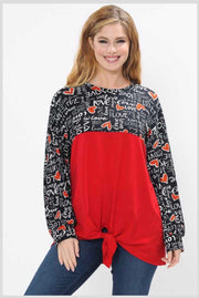 SALE!! 45-GT-G  {Written Love Letters } Red Black Top  w/ Script & Tie Front  PLUS SIZE 1X 2X 3X