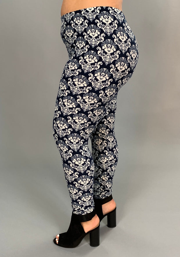 LEG-K Blue & White Damask Print Leggings PLUS SIZE