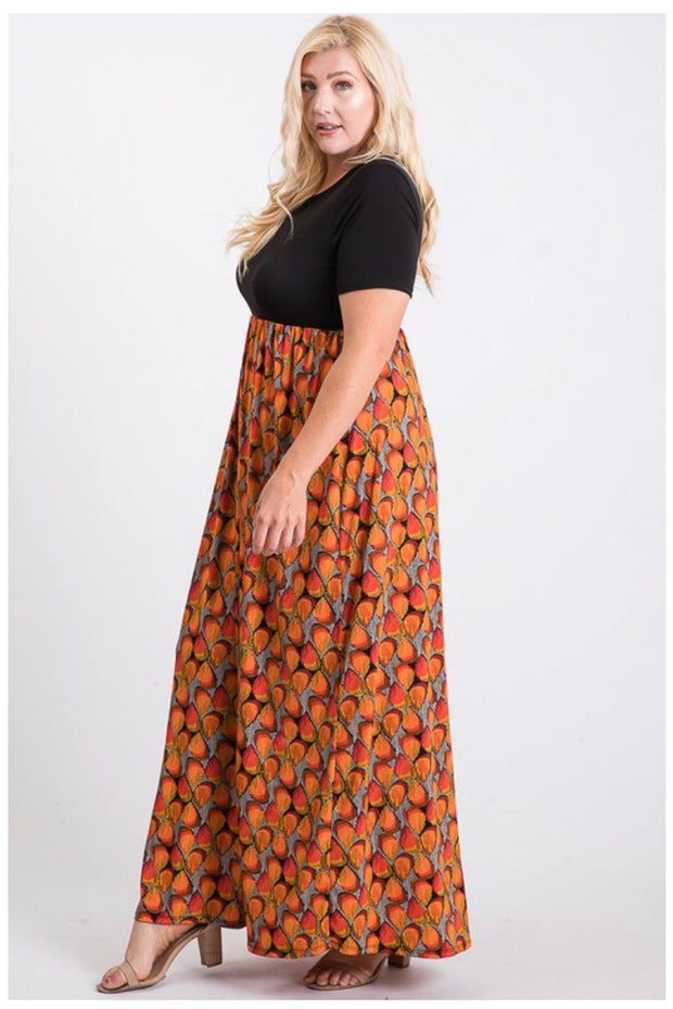 SALE!! LD-D {Orange Slice} Black & Orange Print Maxi Dress PLUS SIZE 1X 2X 3X