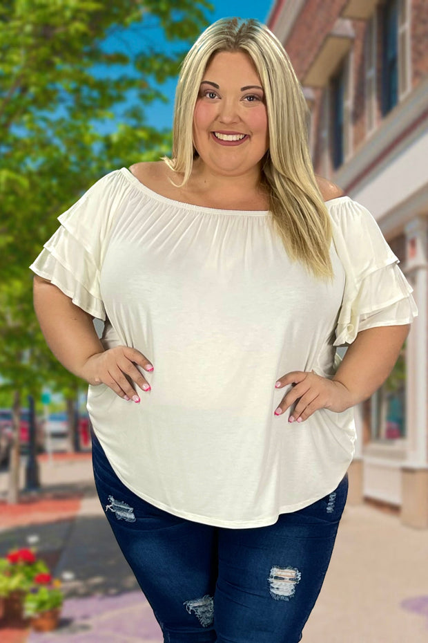 SALE!! 76 OS-C {Here For You} Ivory Off Shoulder Ruffle Sleeve Top PLUS SIZE 1X 2X 3X