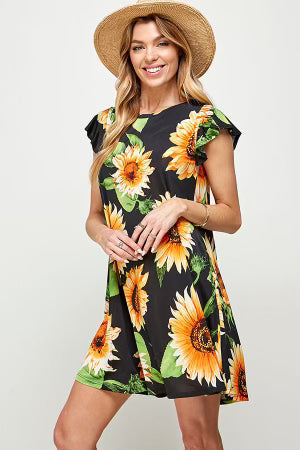 SALE!! 30 PSS-A {Sunflower Fun Flower} Black Printed Dress PLUS SIZE 1X 2X 3X