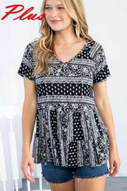 93 PSS-E {Just Too Pretty} Black Mixed Print Tiered Top PLUS SIZE 1X 2X 3X