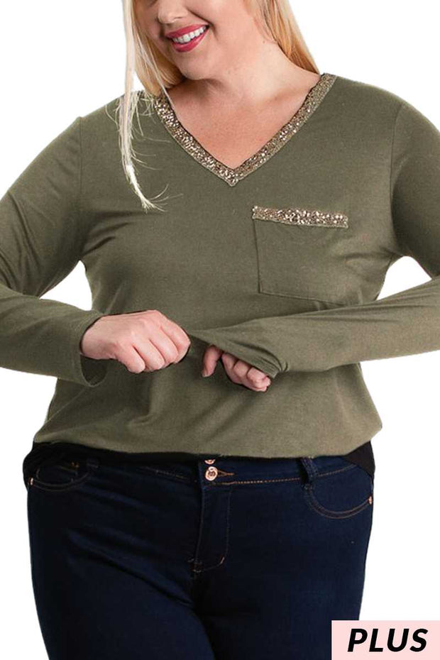 28 SD {Sneak Peak} Olive Long Sleeve Top w/Metallic Trim PLUS SIZE 1X 2X 3X