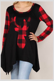 SALE!! GT-A {Hello My Deer}  Black Red Plaid Deer Graphic Tunic PLUS SIZE XL 2X 3X